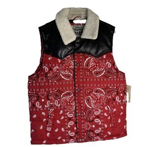 NWT Levi's Men Puffer Vest Red Bandana Faux Leather Sherpa Collar Western Size M